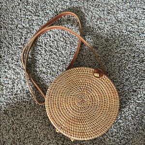 Round Woven Tan Crossbody Bag